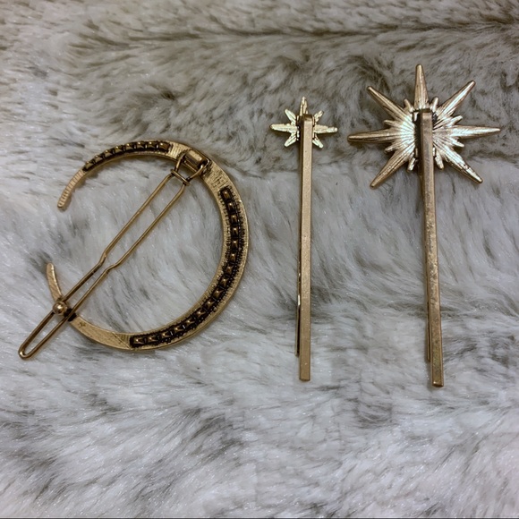 Moon and Star Crystal Rhinestone Gold Hair Pins - Picture 5 of 7